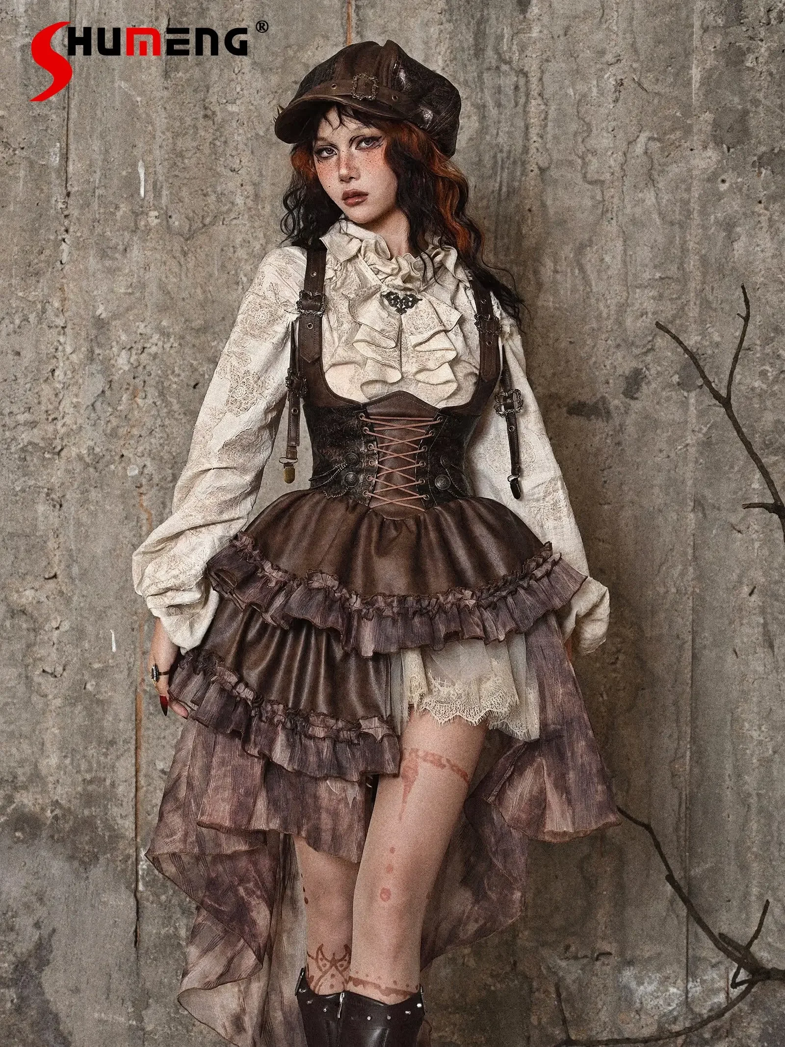 Original Dark Steampunk Asymmetric Dresses Jsk Women Autumn Maillard Chest Strap Trail Dress Brown Light Lolita Suspender Dress