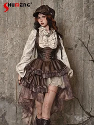 Original Dark Steampunk Asymmetric Dresses Jsk Women Autumn Maillard Chest Strap Trail Dress Brown Light Lolita Suspender Dress