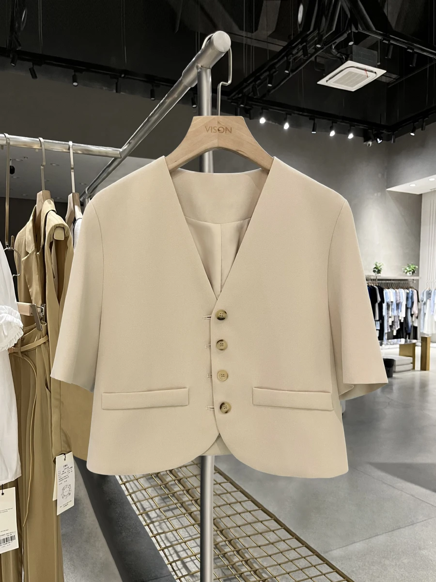 

Модная тонкая летняя женская куртка с V-образным вырезом, прямого кроя, из полиэстера, для повседневной носки