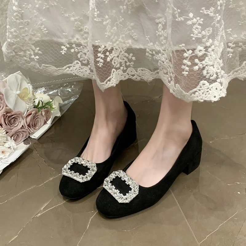 

French Thick Heel Single Shoes Women's New Black Elegant Rhinestone High Heels Women's Low Cut New Shoes