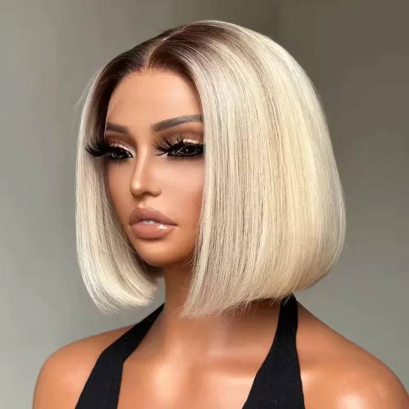 Bob Wig Dark Root Ombre Blonde Short Bob Human Hair Wigs 13x4 Lace Front Wigs