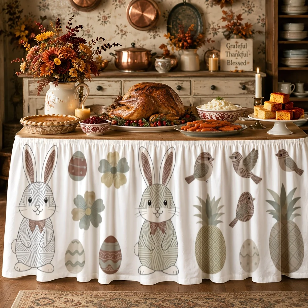 Tablecloth Set - 1 piece. Spring floral, rabbit, bird, pineapple Easter decoration. Suitable for restaurants, kitchens, cafes.
