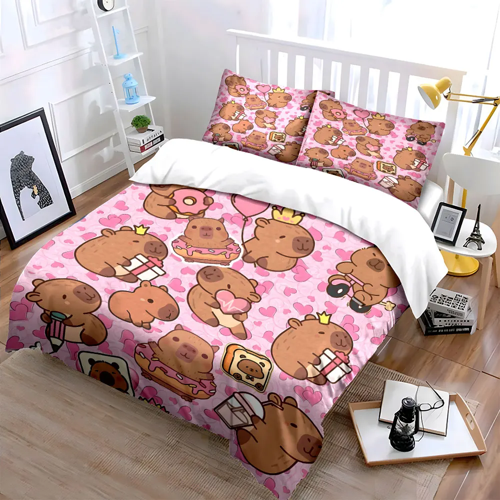Cute cartoon capybaras with sweet vibes Printed Duvet Cover Set1 Duvet Cover+2 PillowcaseMulti Size Bedroom Bedding Decoration