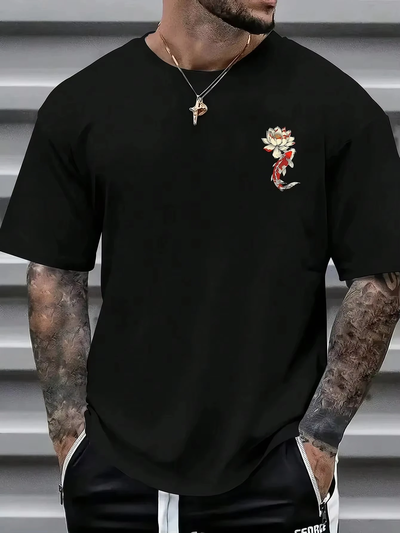 Summer New Collection Koi Fish & Lotus Flower Pattern Cotton Men’s T-Shirt Short Sleeve O-neck Tees Casual Oversized Unisex Tops