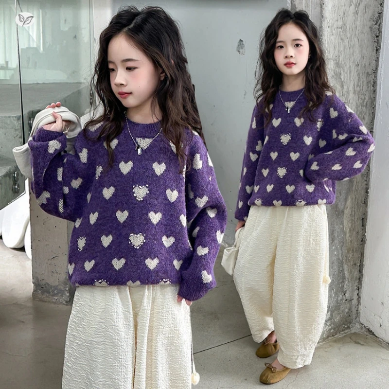 

Girls' Heart Knitted Sweater New Arrival for 2025 Autumn Casual Long-Sleeve Base Layer Top Suitable for Ages 7-14