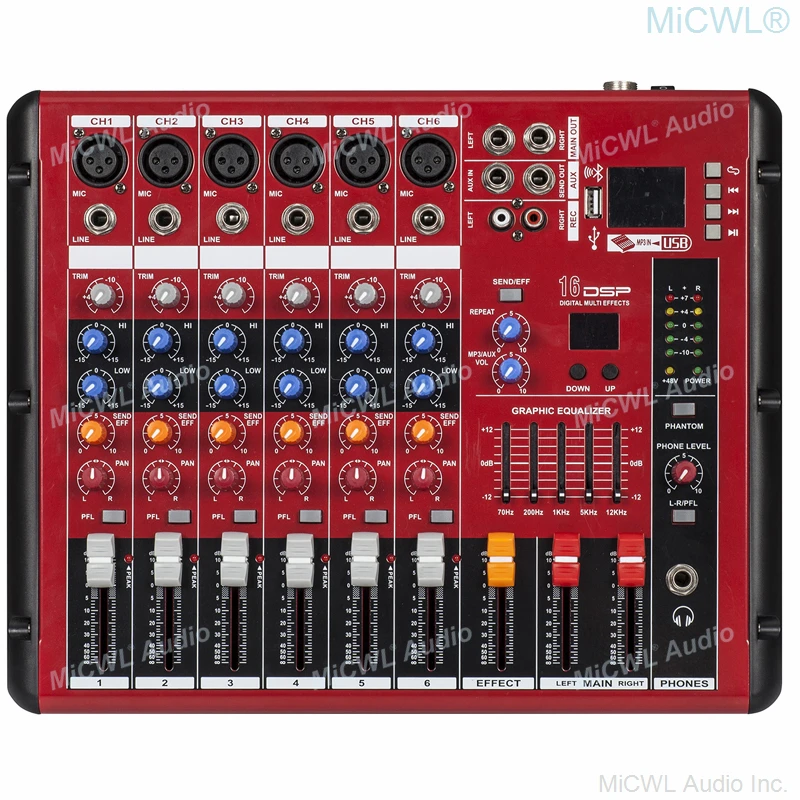 Best Red 6 Channel Sound Mixing Console Power Mixer Bluetooth 48V Microphone USB Music For Stage Sing DJ Karaoke