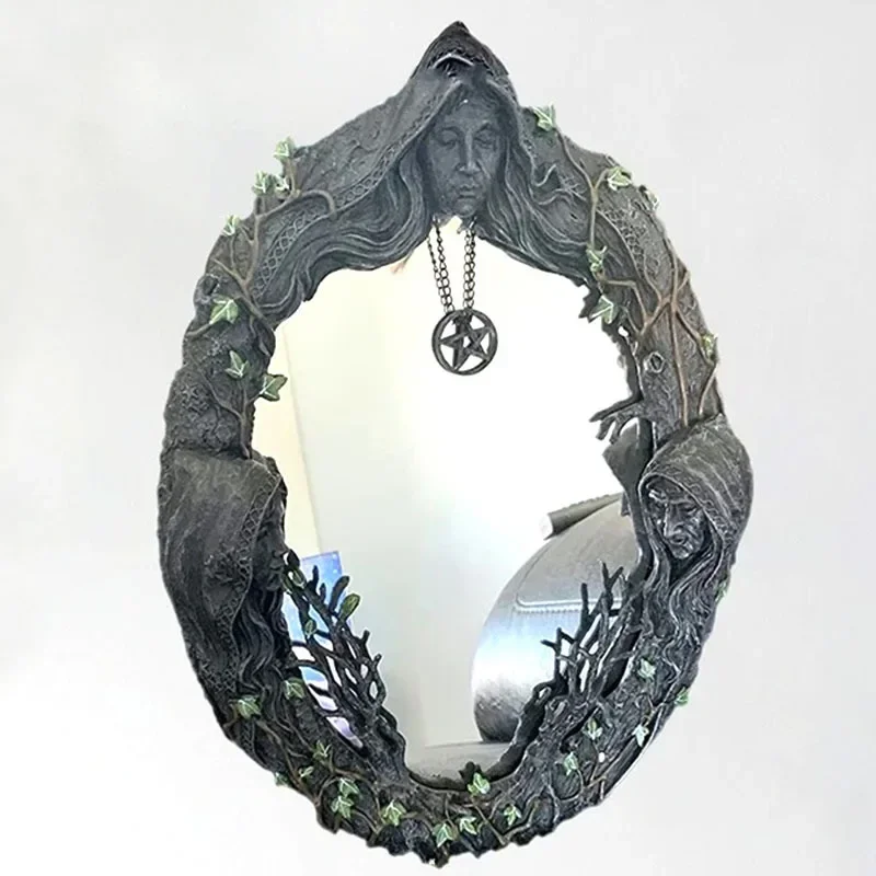 Decorative Mirror Celtic Sacred Moon Triple Goddess Mother Maiden Crone Wall Hanging Mirror Pentagram Amulet Pendant Decor