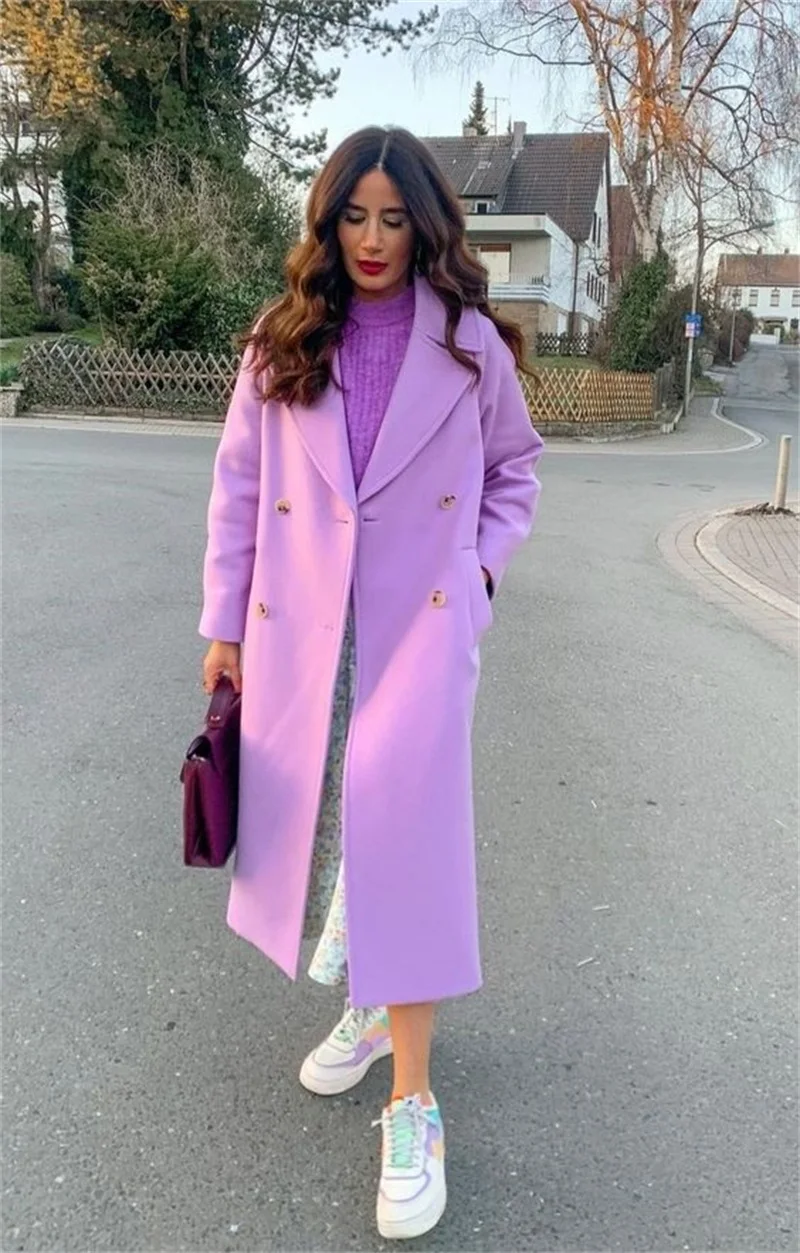 Purple Cashmere Women Suit Overcoat Woolen 1Pcs Double Breasted Long Jacket Blazer Winter Thick Custom Made Fashion Outfit