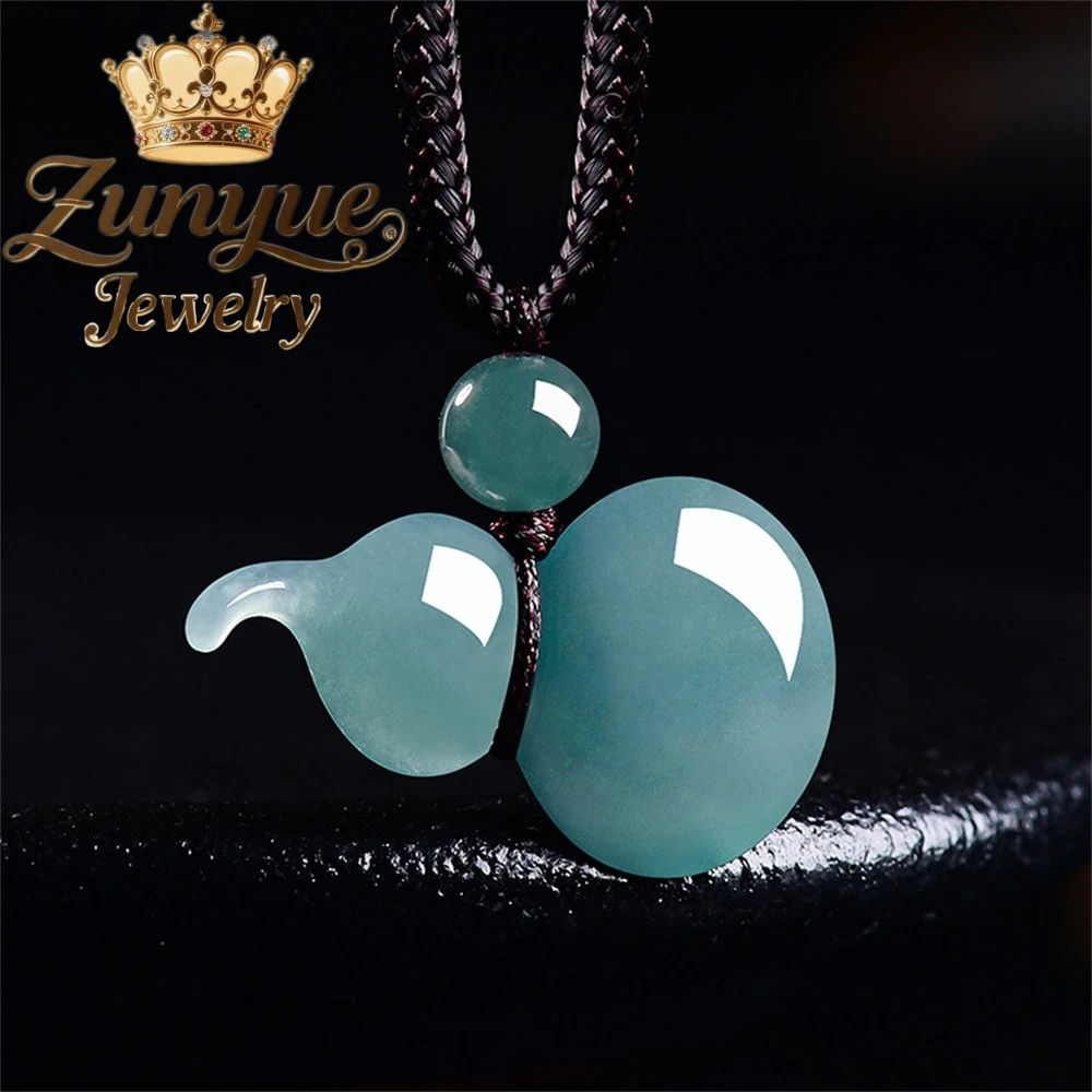 Natural A Grade Jadeite Blue Water Calabash FuLu Pendant Ice Jade Stone Pendant Vintage Chinese Style Neck High-end Gift Jewelry