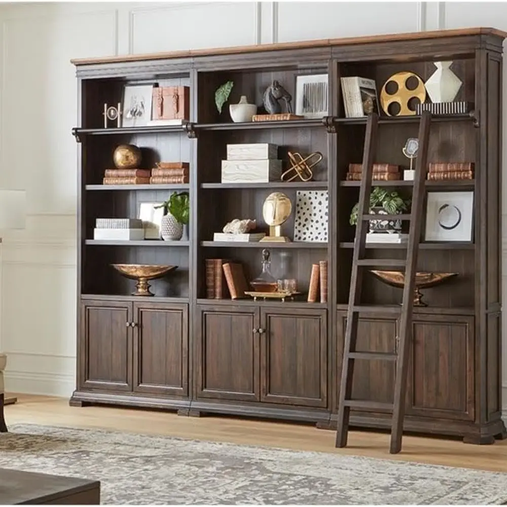 Librería estilo escalera ejecutiva de madera marrón, completamente ensamblada para montaje en pared