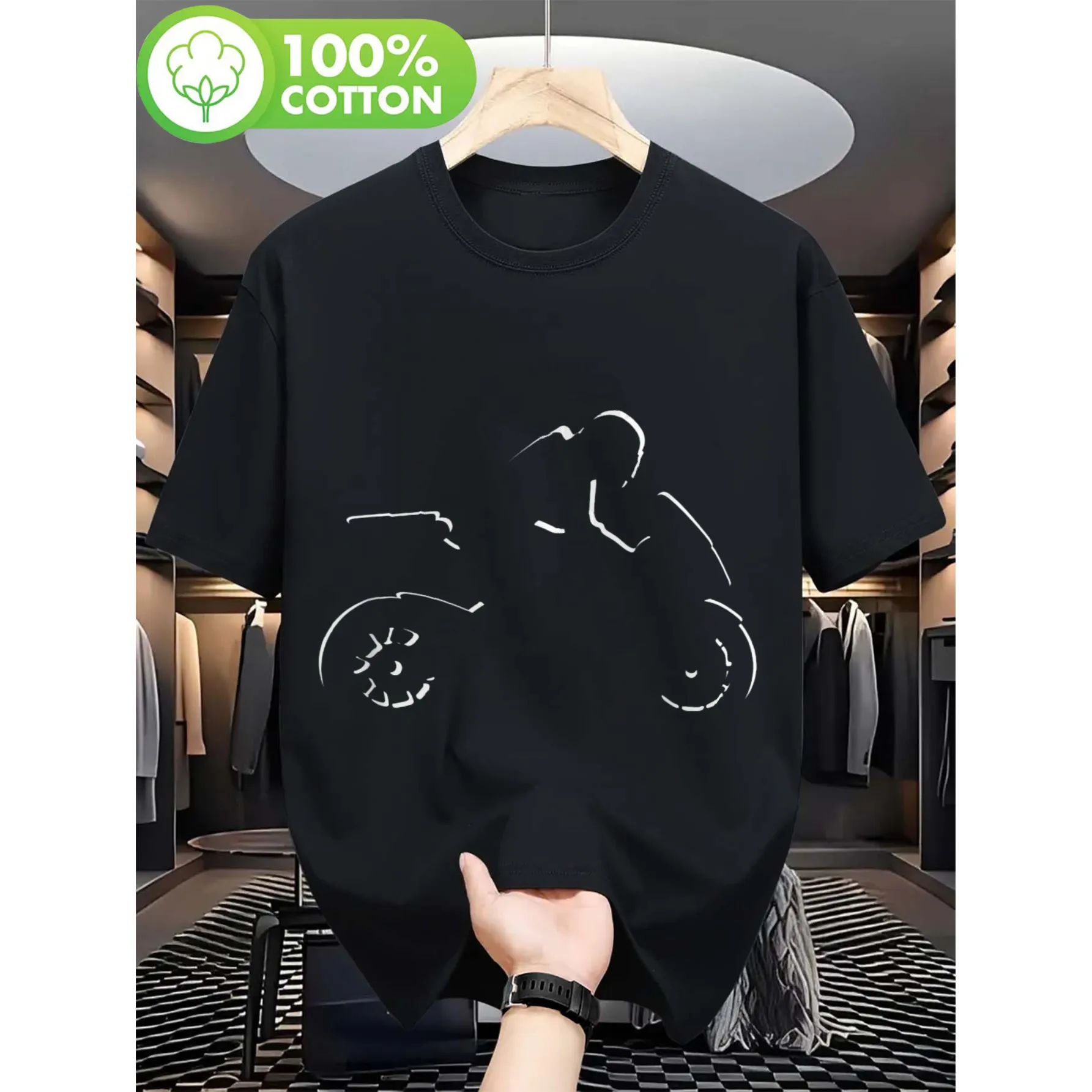 

Motorcycle Outline Graphic Tee Breathable 100% Cotton Short Sleeve Casual T-Shirt