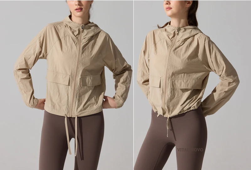 VITALINOVO Leichte Regenjacke für Damen, wasserdicht, durchgehender Reißverschluss, langärmelig, Sportjacke mit Kapuze, Windjacke zum Wandern – Detail 8