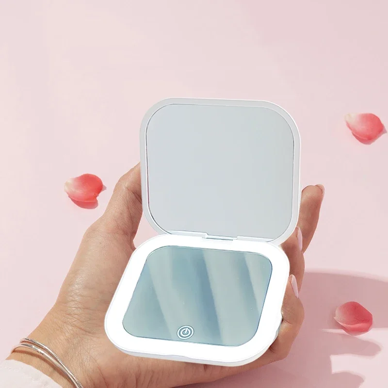 Espelho de viagem dobrável portátil com luz LED, espelho cosmético compacto, espelho de ampliação 10x, 2 lados, beleza, espelho redondo