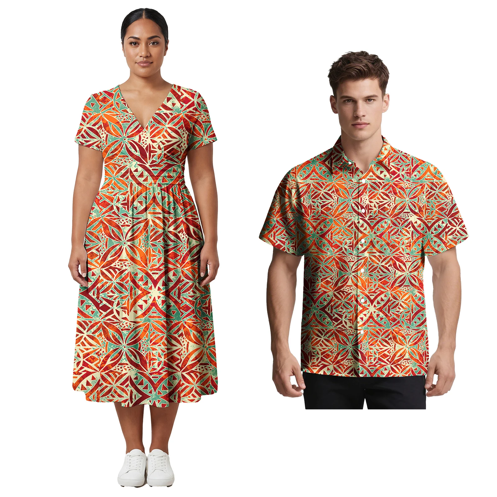 Conjuntos de Pareja de Diseño de Lujo, Camisa Polinesia Moderna para Hombre, Vestido Samoa para Mujer con Estampado Personalizado, Conjunto Aloha para Pareja