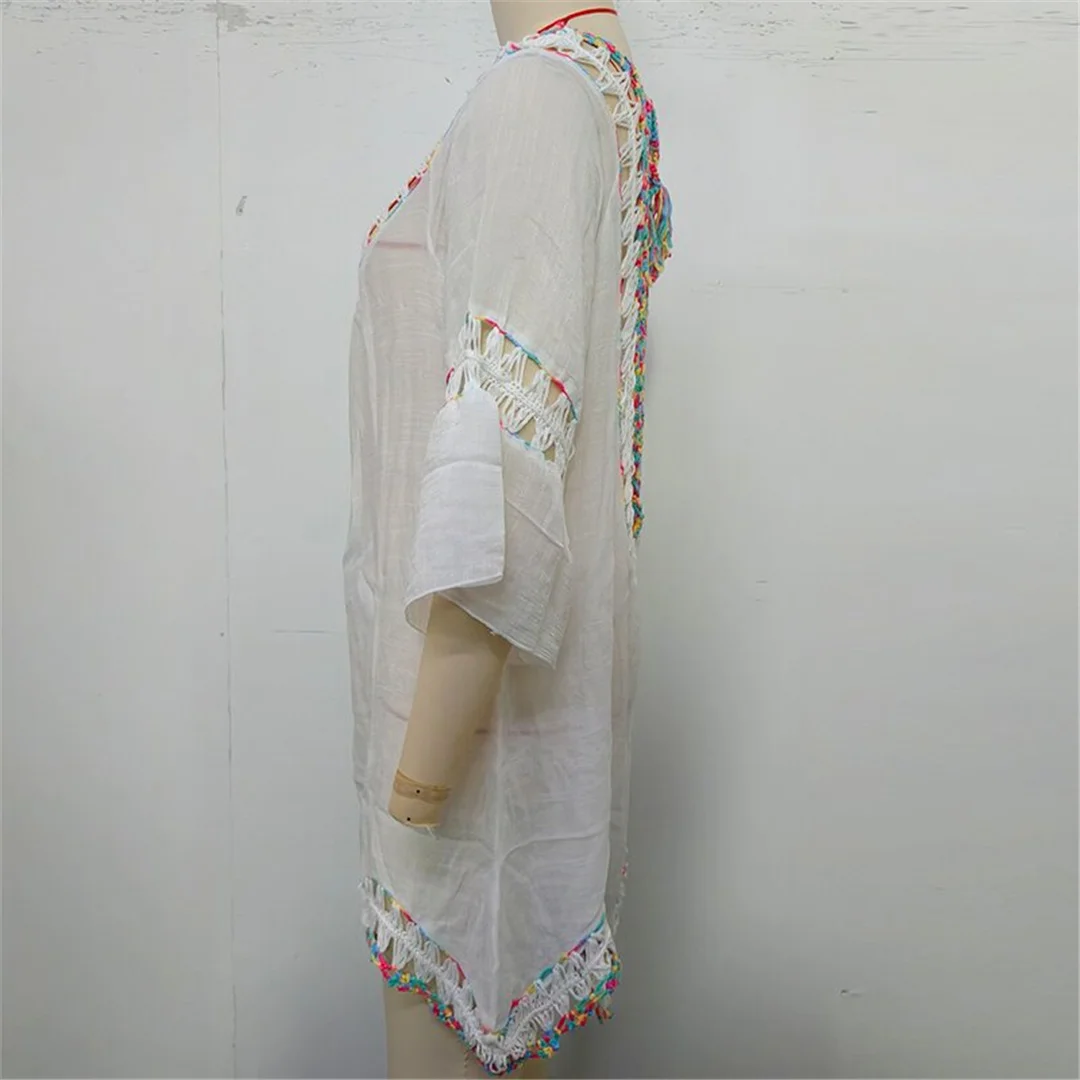 Buntes, halbärmeliges, rückenfreies, gehäkeltes, gestricktes Tunika-Strandkleid, Strandmode, Damen-Strandkleid, Strand-Cover-up, Damen-Cover-ups V7537 – Detail 13