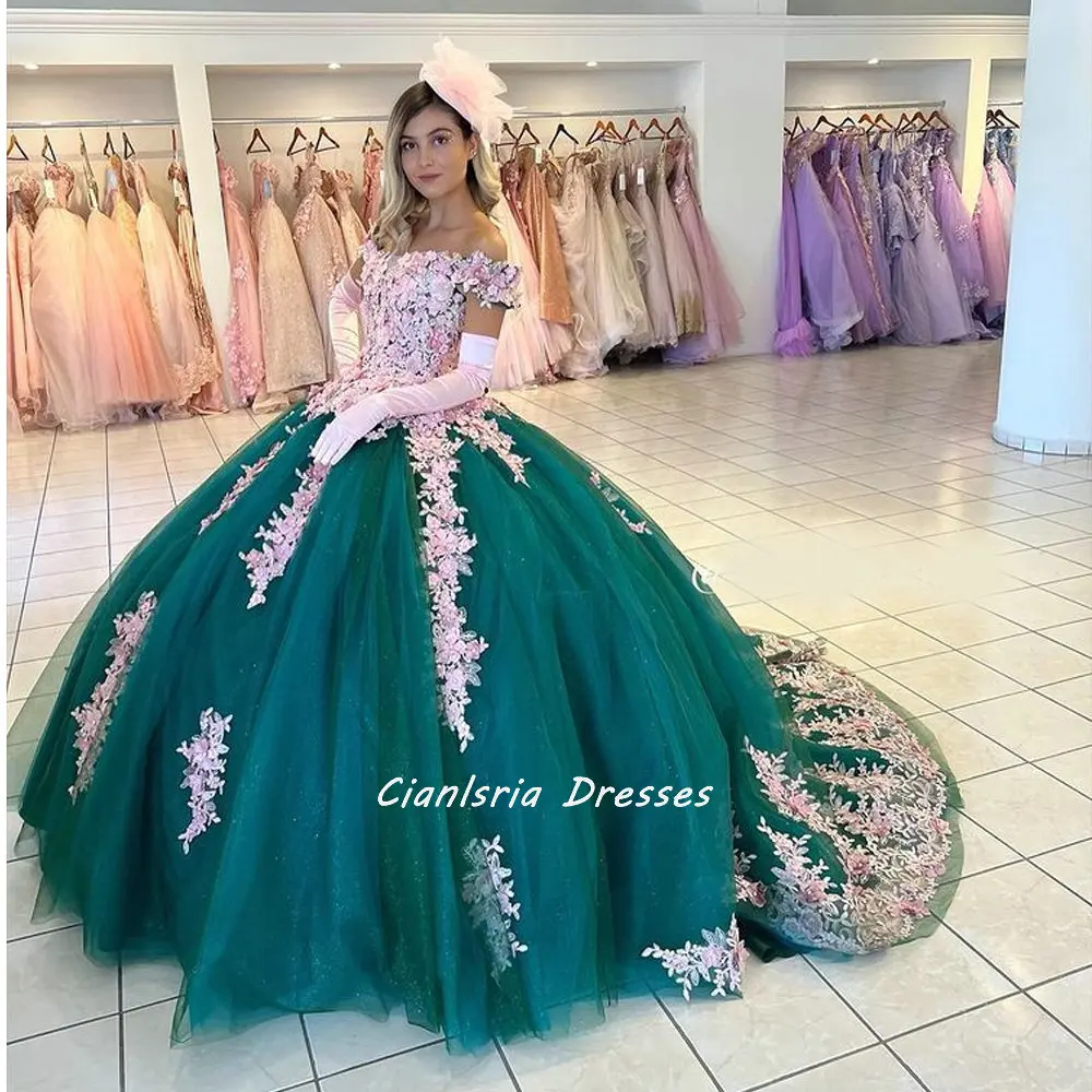 Emerald Green Off The Shoulder Ball Gown Quinceanera Dresses With Pink Flowers Appliques Lace Corset Sweet 15 Girls Party