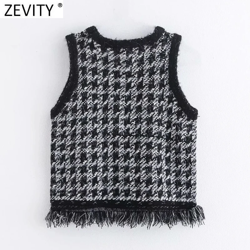 Levity dames vintage ronde hals mouwloze tweed wollen vest trui lady chic houndstooth zoom kwastje vest pullovers tops s507