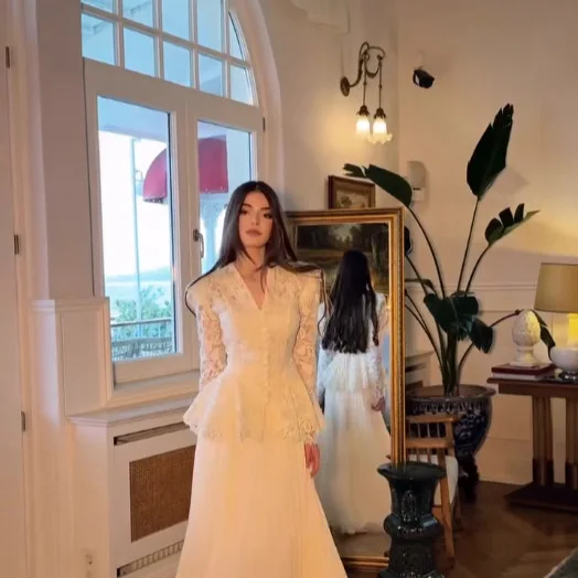 

Two Piece Sets Skirt Set Elegant Evening Lace Full Sleeve V Neck Tops Pleated Long Skirts A Line Tight Waist Y2k Streetwear 2026