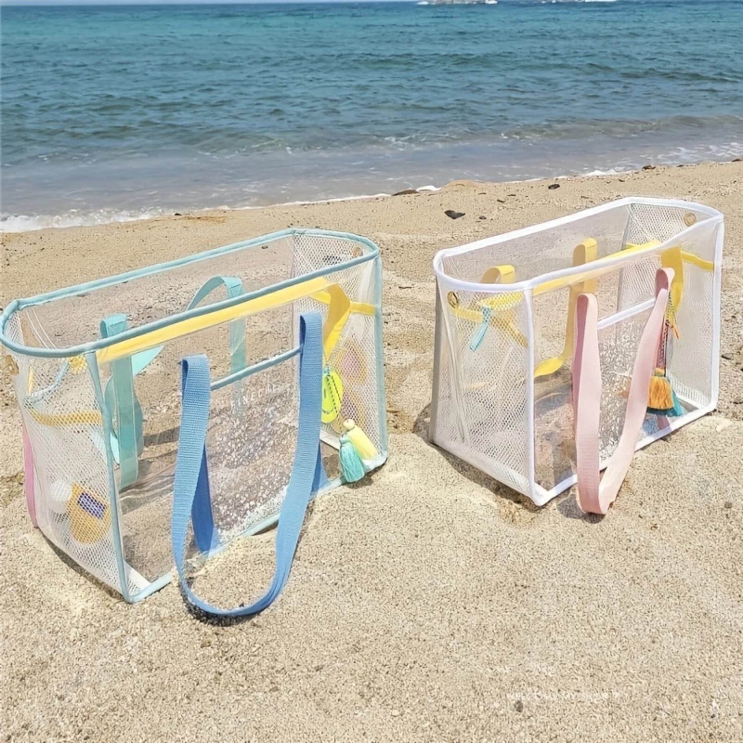 Capacity Transparent Mesh Beach Tote Bag - Waterproof & Sandproof, Ideal for Beach Sports & Toy  - Durable Clear PVC Design