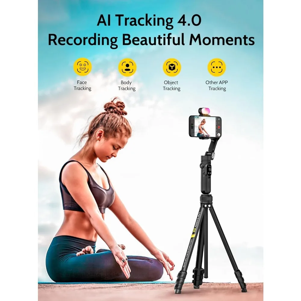 NEW-3-Axis Gimbal Stabilizer for iPhone وAndroid مع ضوء RGB، Gimbal للهاتف المحمول لتسجيل الفيديو مع AI