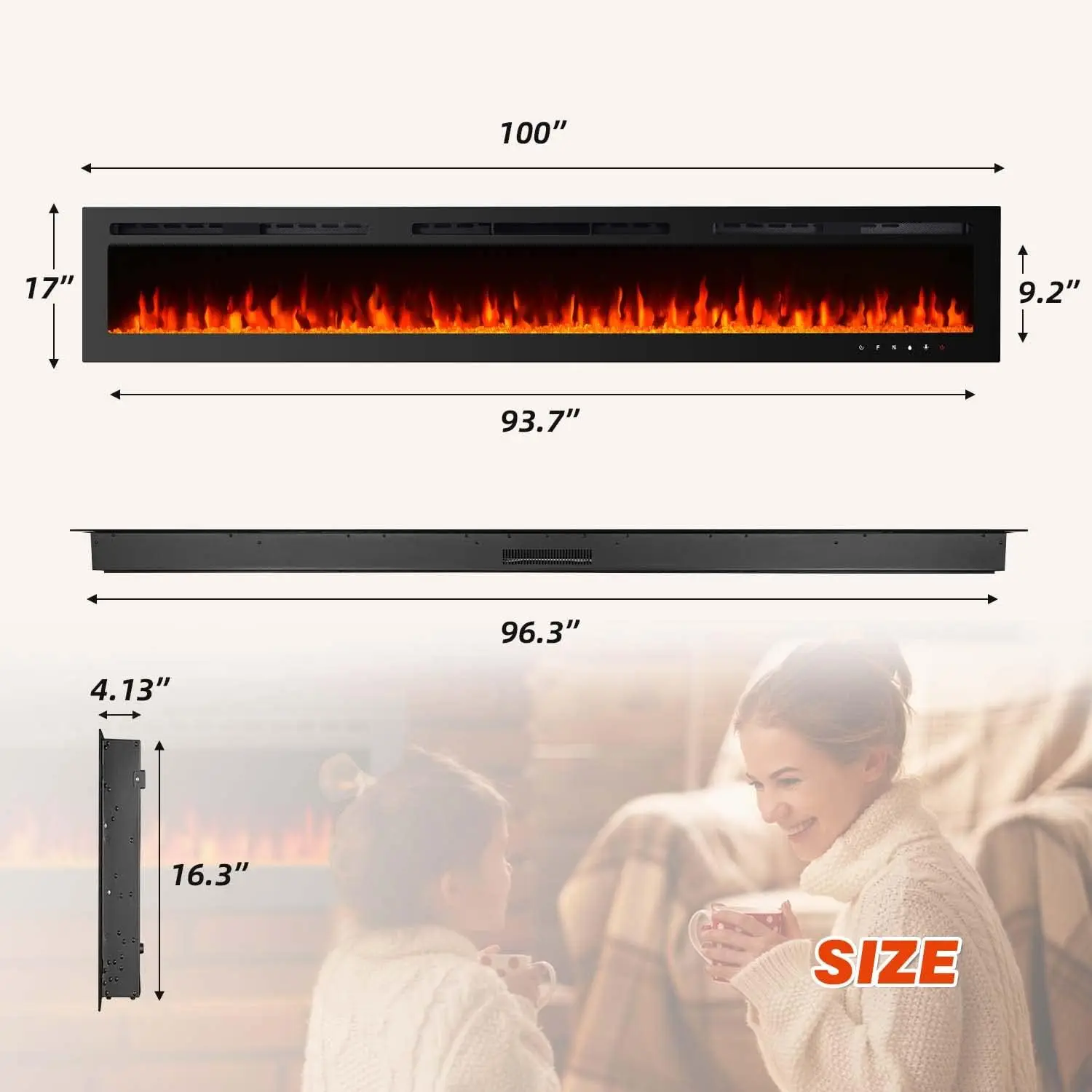 100 inch Electric Fireplace Inserts, Recessed and Wall Mounted Fireplace Silence Linear Fireplace with Timer, Remote Control, Ov