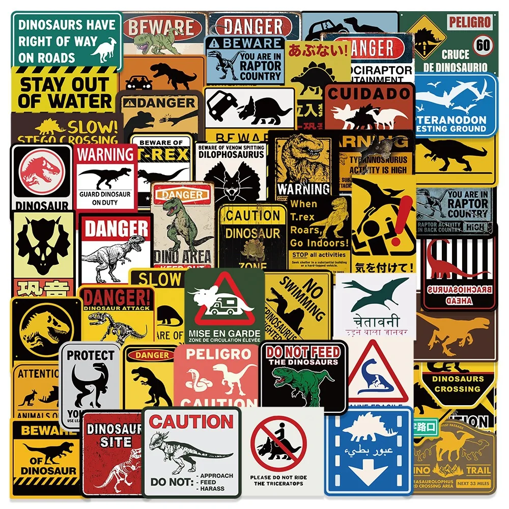 60PCS Cool Jurassic Dinosaur Cartoon Stickers Funny Danger Warning Graffiti Decoration DIY Kids Toys Laptop Guitar Bike Decals