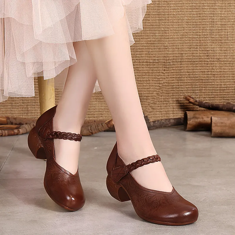 Leather mid Heel Comfortable Soft Bottom Women's Single Shoes Spring Autumn New Style Retro Mom Shoes National Style Fashionable