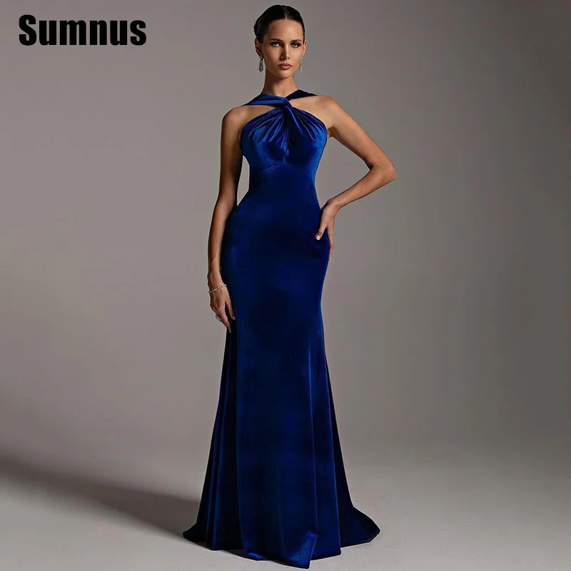 

SUMNUS Velour Royal Blue Prom Gowns Sleeveless Mermaid Floor Length Halter Party Dress Elegant Gown 2024 Customized