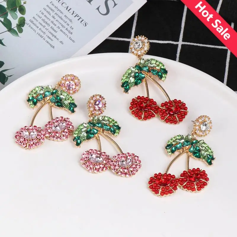 Colorful Crystal Fruit Flower Dangle Earrings For Women Fashion Cute Rhinestone Cherry Strawberry Earrings Charm Jewelry Trendy