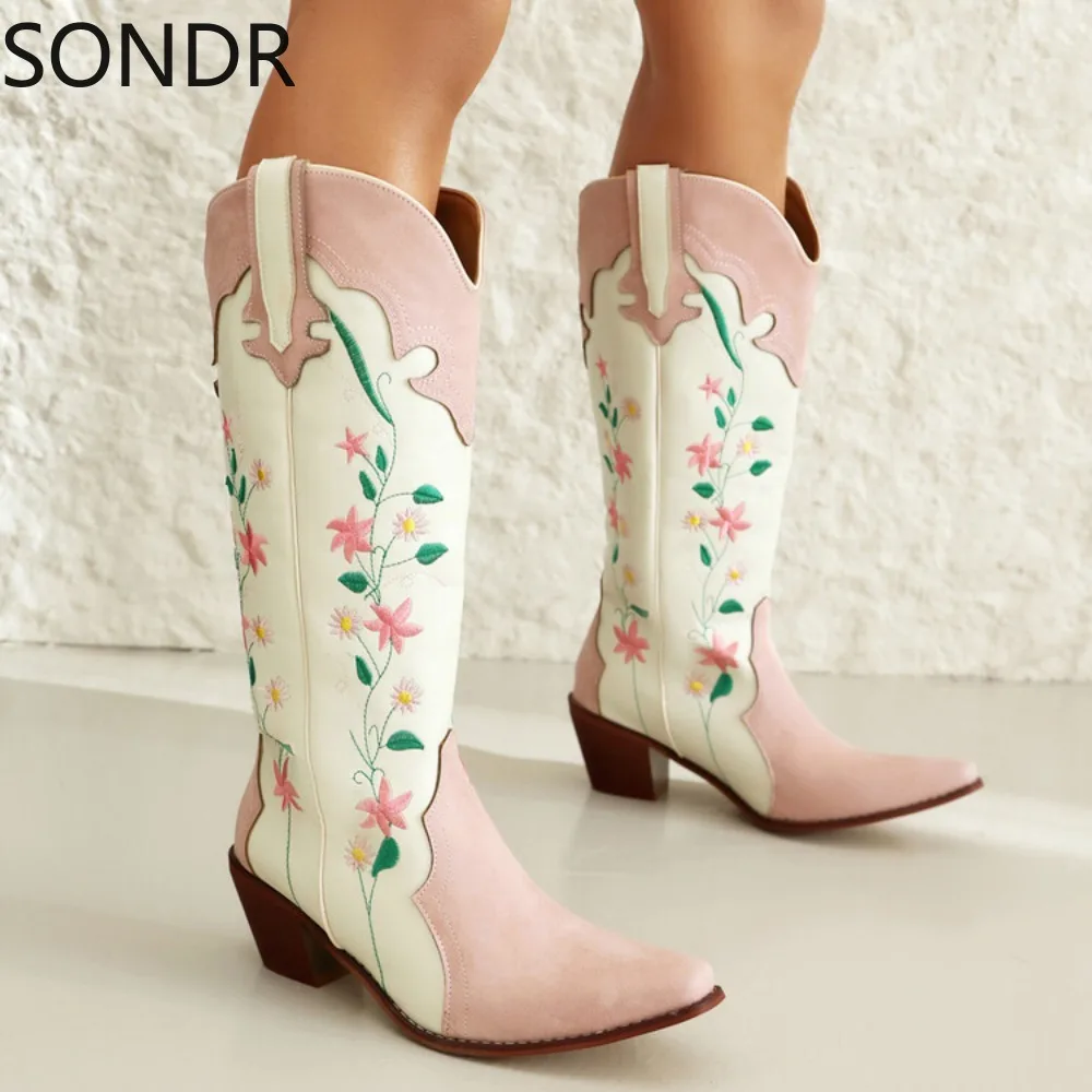 

Womens Embroidery Floral Knee Thigh Boots Pointed Toe Chunky High Heel Chelsea Western Retro Shoes Plus Big Size New 2024