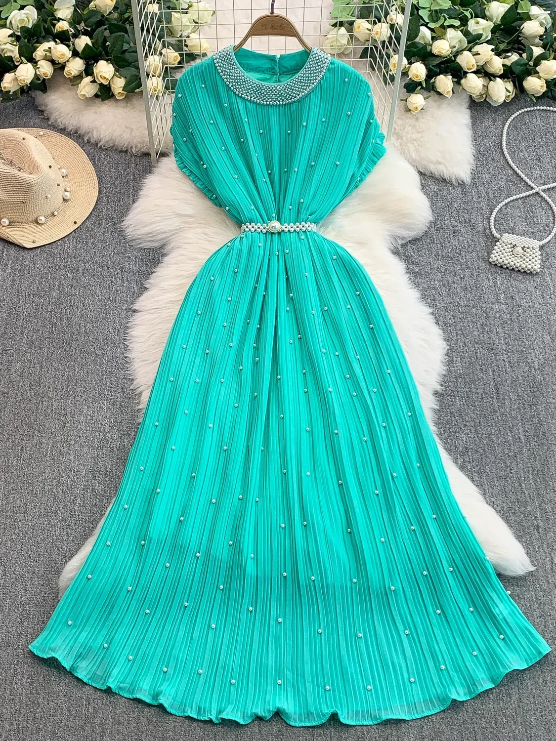 

Summer Luxury Pearl Chiffon Dress for Women, Loose Big Size with Crystal Pleats, Short Sleeve Evening & Birthday Midi Dress