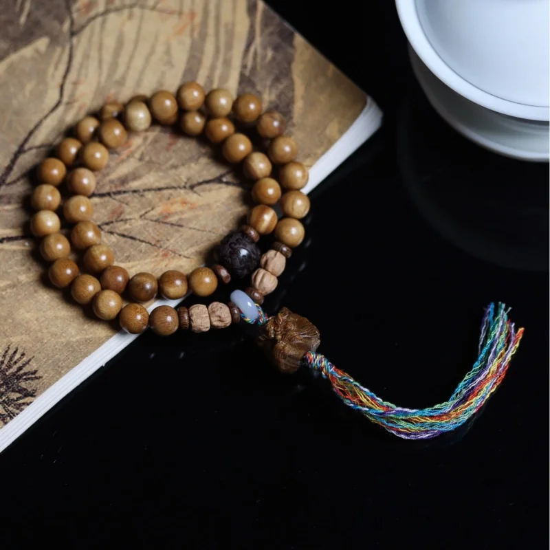 UMQ Green Sandalwood DIY Retro Style A Dai Tassel Sweater Necklace Buddha Rosary Hand-Held Men And Women Crafts Ornament