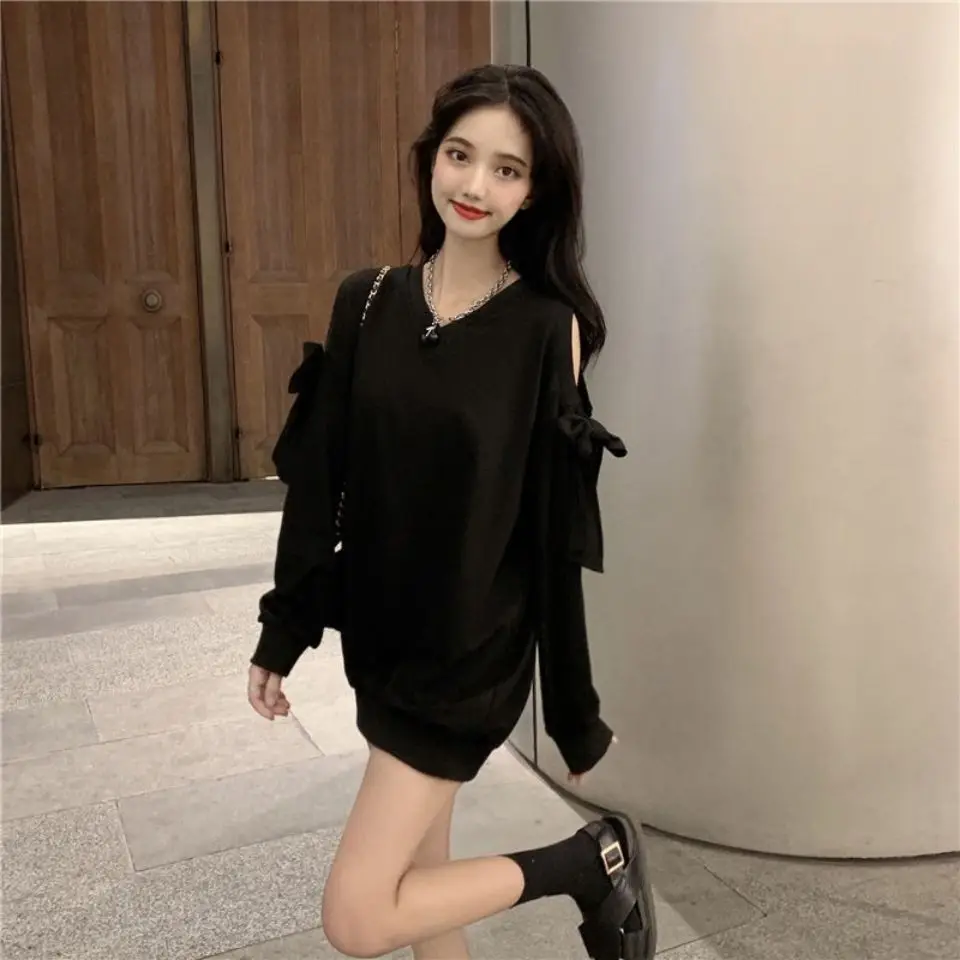 No Hat Hoodies Women Bow V-neck Long Sleeve Solid Sweatshirts Baggy Tops Off Shoulder Cozy Hollow Out Casual Chic All-match Ins