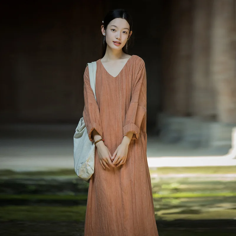 

Ramie cotton new tie-dye long dress home travel literary and artistic fan women's dress fashion casual versatile simple temperam