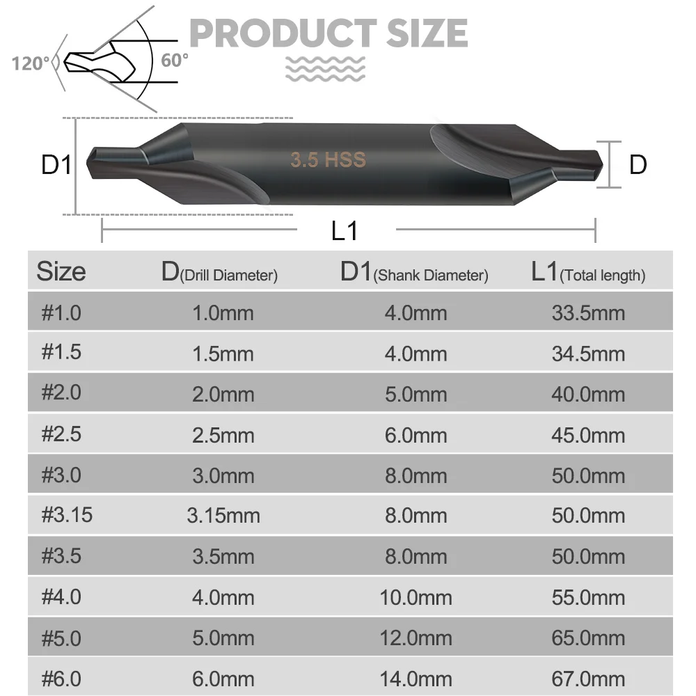 CMCP Countersink Drill Bit HSS Center Drill Bit Set 1/1.5/2/2.5/3.5/5/6mm 60 Degrees TiN Coated Combined Center Drills For Metal