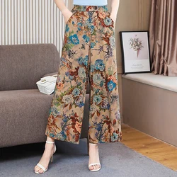 Summer Wide Leg Pants Women Loose High Waist Beach Ankle-Length Trousers Summer Casual Retro Print Plaid Pants