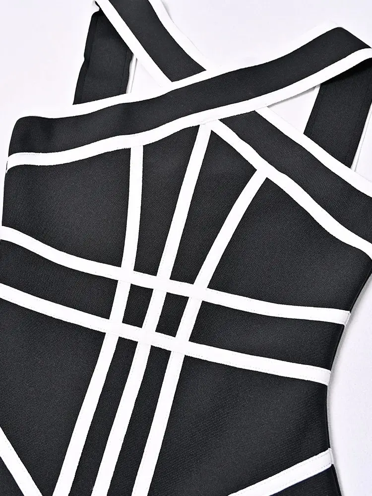 المرأة الصيف الرسن خمر المدرج فستان فاخر أسود أبيض التباين ضمادة ميدي ضمادة فستان سهرة Vestidos XL ماكسي