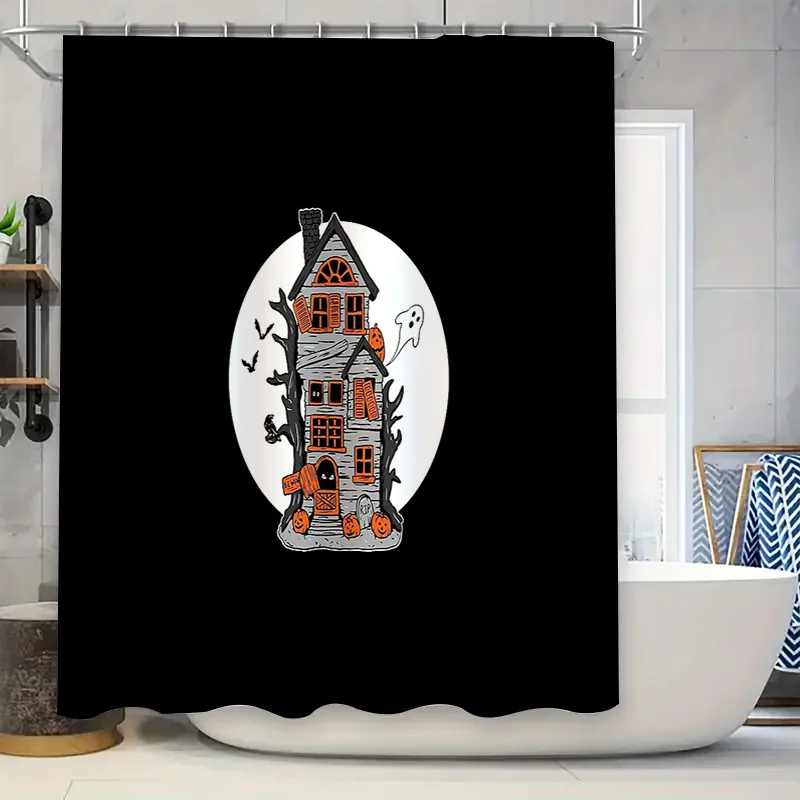Spooky Halloween Bat House Shower Curtain Gothic Horror Home Decor Creepy Halloween Party Supplies Eerie Witchy Vibes Room Divid