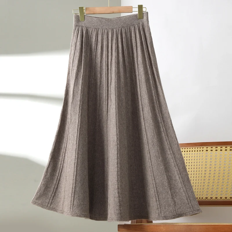

New Women Autumn Winter Wool Skirt Long Pleated Umbrella skirt100% Merino Wool Knitwear Grace Soft Dress Korean Style Skirt