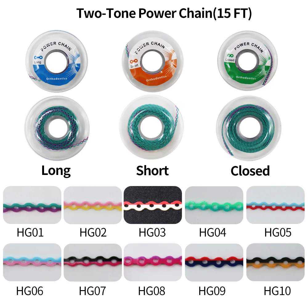 

High Quality Two Tone Length 15Feets Dental Elastic Power Chain Long/Short/Closed Type Dual Color