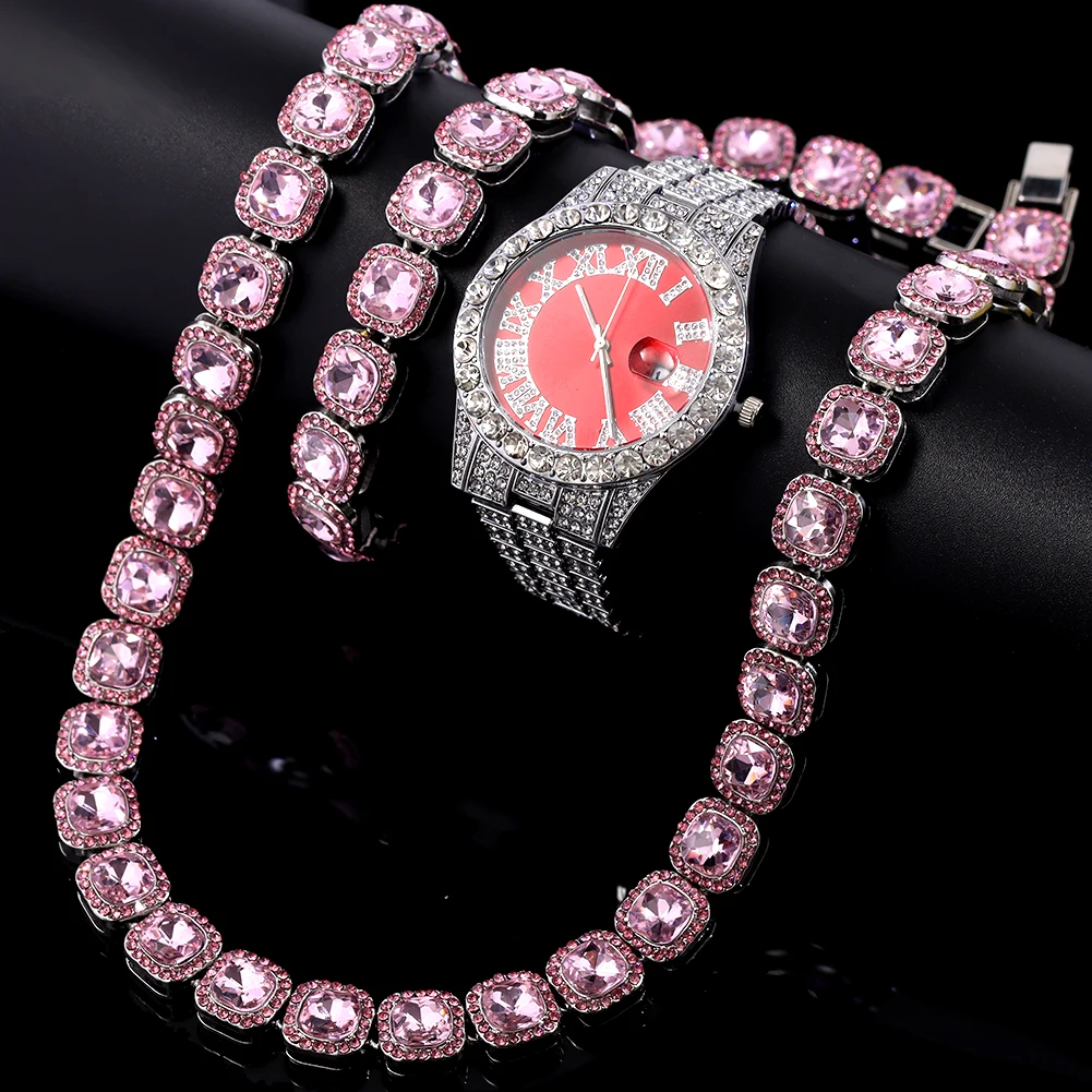 Hip Hop Men Women Crystal Square Tennis Chain Necklaces Set Bling Rhinestones Iced Out Chain Necklaces Bracelet Watch Jewelry