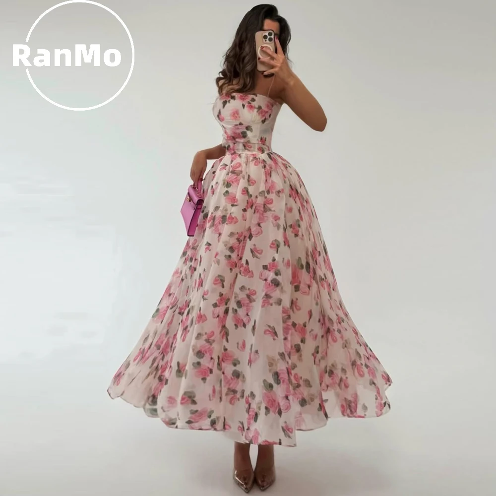

Ranmo Luxury Floral Print Organza Evening Dresses Strapless Strap Party Dress A-line Ankle-Length Special Event Dress Customized