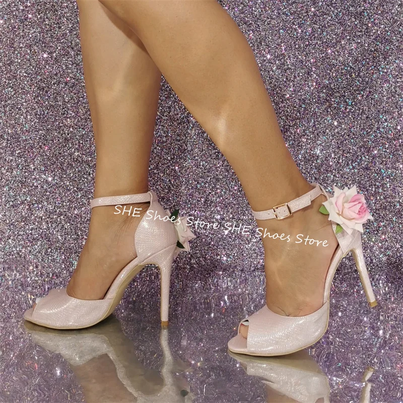 

Romantic Rose Decor Buckle Strap High Heel Women Sandals Wedding Bride Dress Shoes Peep Toe Stiletto Shallow Ladies Dress Pumps