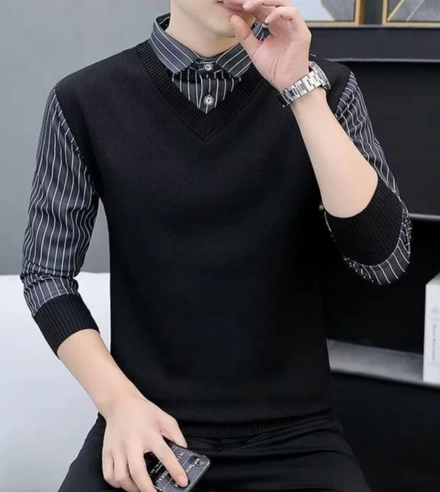 Spring Autumn New Men's Premium Striped Long Sleeve Polo Shirt Fake Two Piece Design Fashion Top for Young Men M363