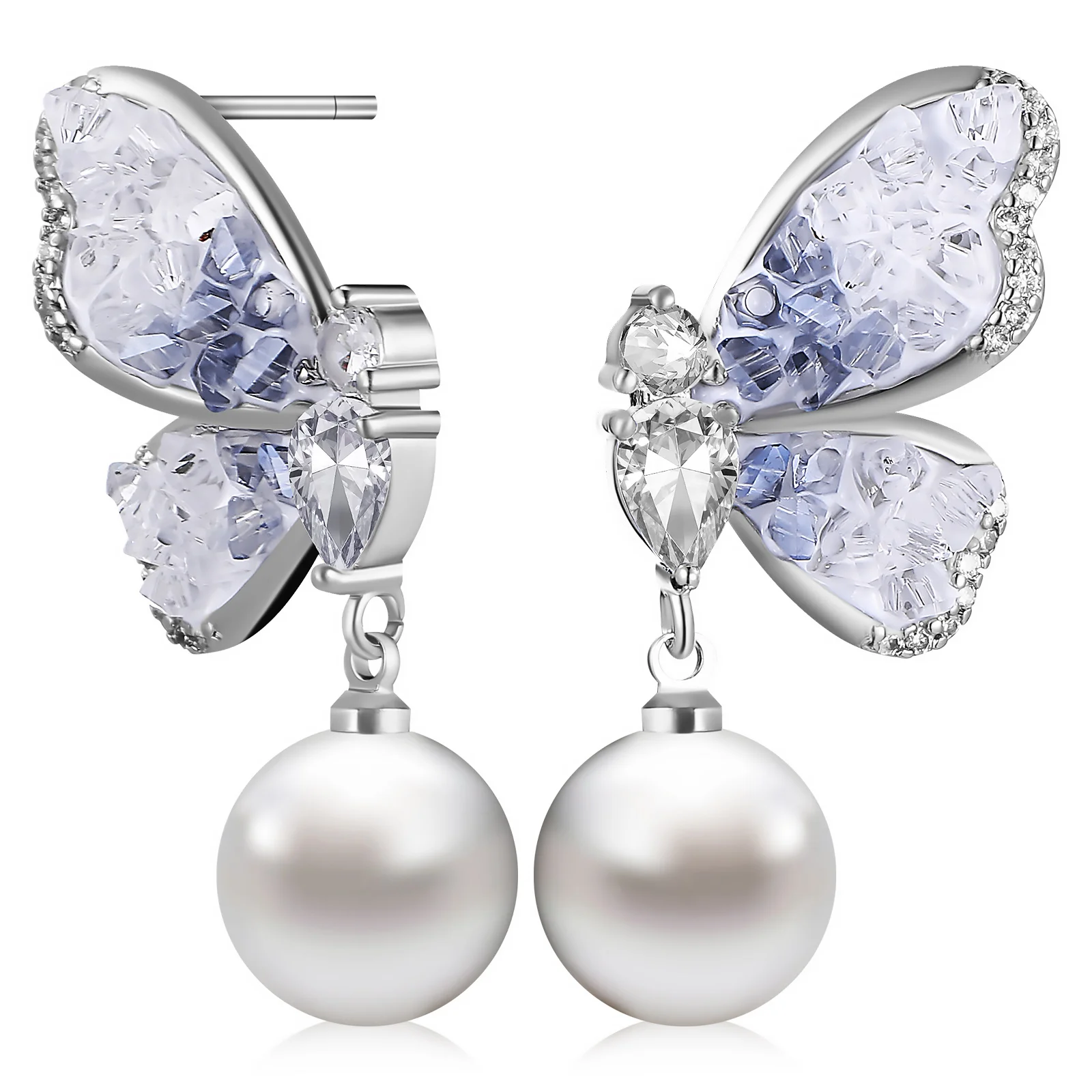 Crystal Butterfly Earrings Dangle For Women Rhinestones Drop Metal Wing Women's Pearl