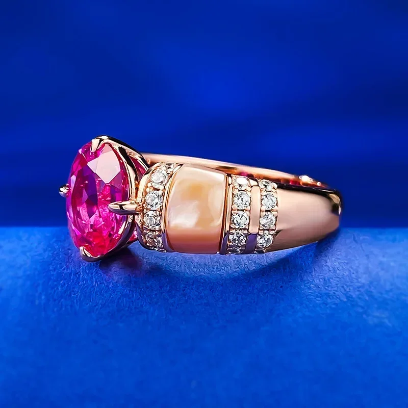 New Natural Pink Shell Rupee Red Diamond Ring with European and American Style Premium 925 Sterling Silver Goddess Ladies