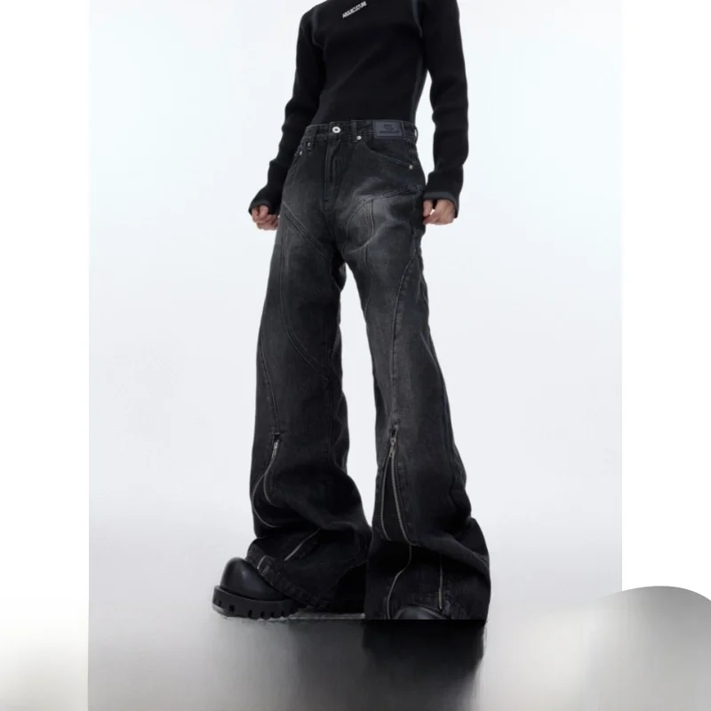 

Мужские джинсы из плотного денима 2024 года, с высокой талией, на молнии, с легким расклешением, винтажные, с металлической молнией, длинные брюки