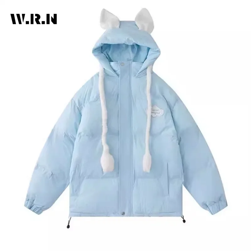 Sweet Long Sleeve Single Breasted Kawaii Parkas 2024 Winter Women Casual Blue Outerwear Jacket Lovely Warm Patchwork Thick Coat