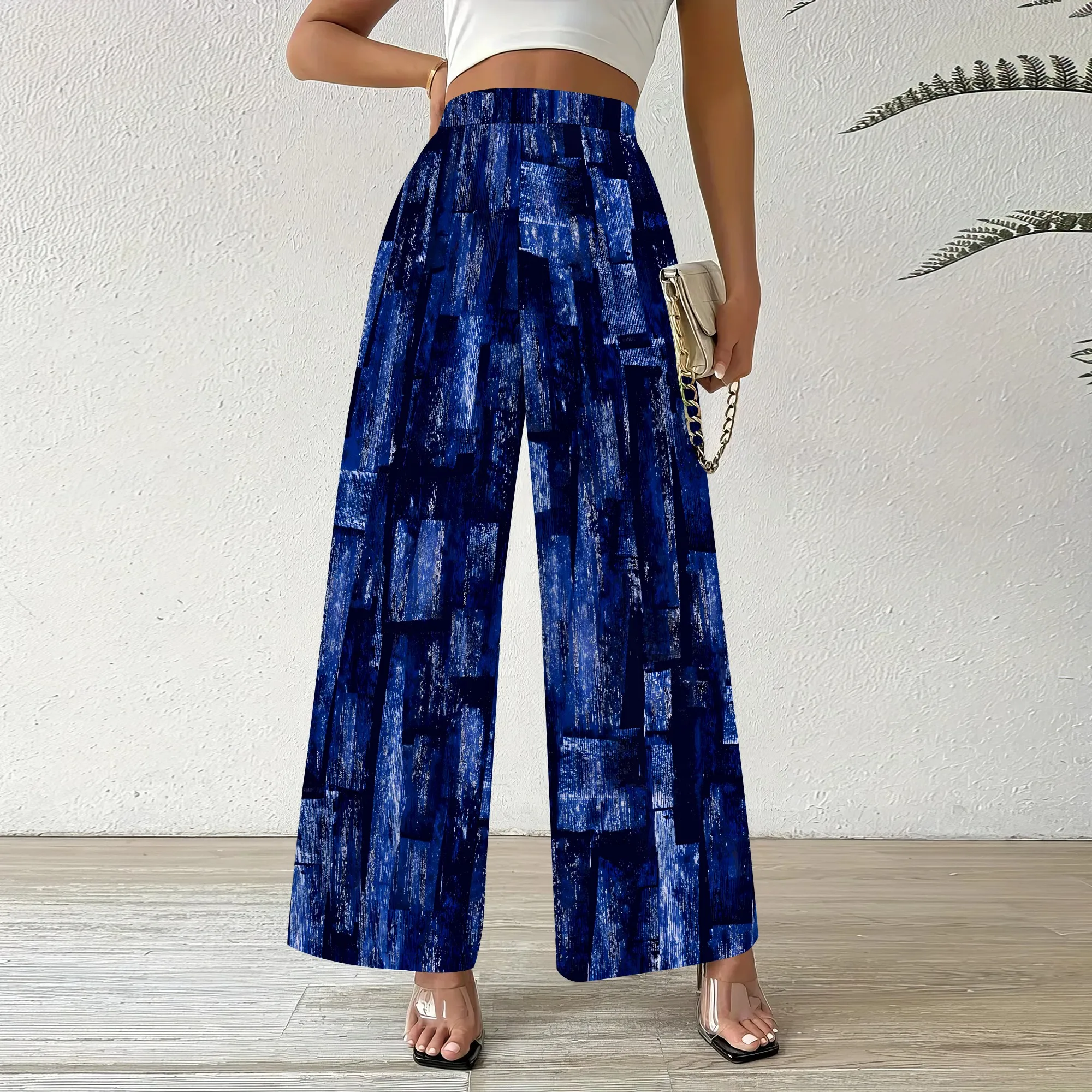 

Nupusa Patchwork Print Pants for Women Regular Size Summer Casual High - Waist Wide Leg Pants