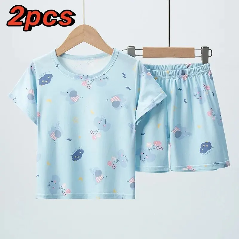 Summer CHILDREN'S Clothing Short Sleeve Shorts 2-piece Suit for Boys and Girls Comfortable Wild Blue Elephant Suit.